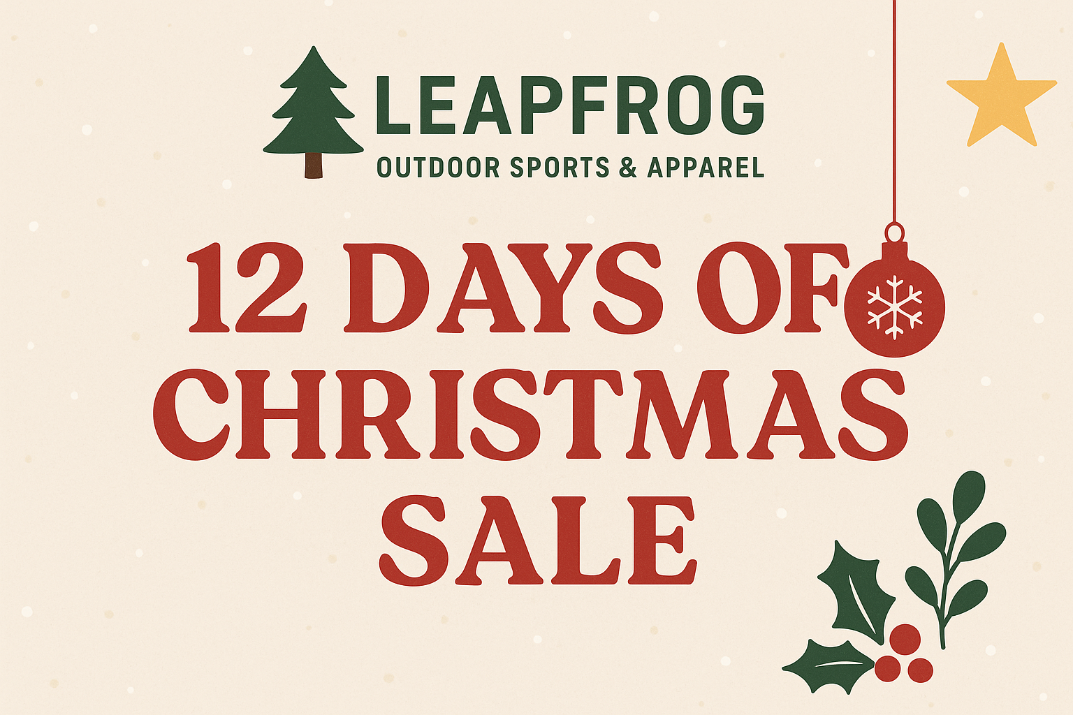 12 Days of Christmas sale banner with holiday village and festive graphics on red background