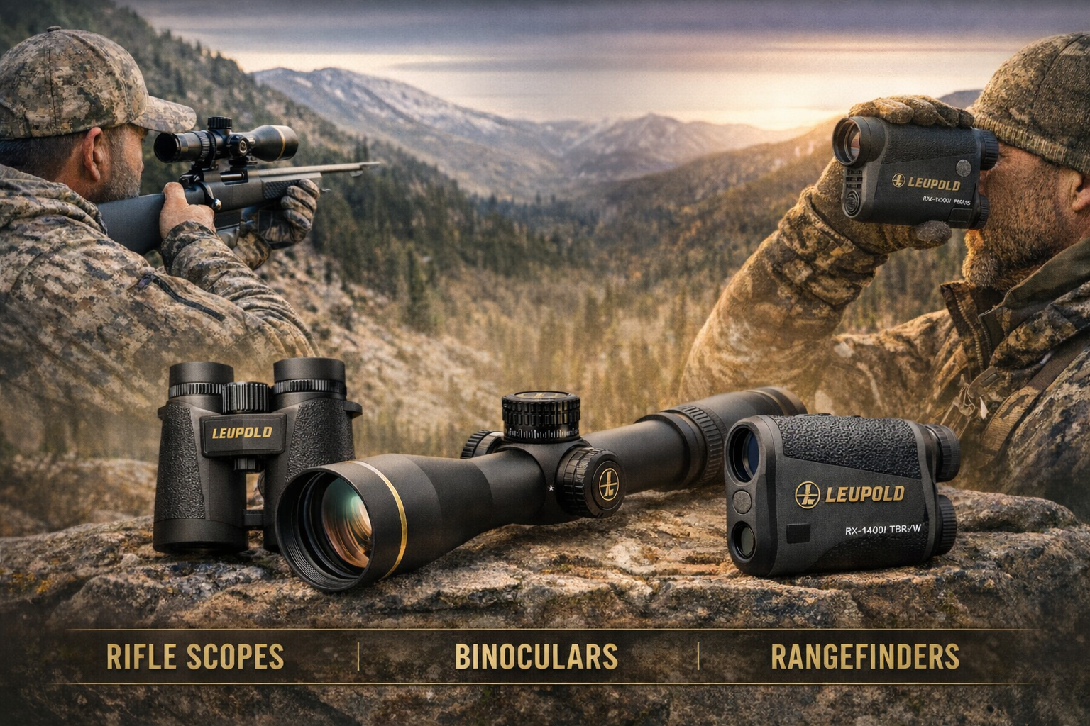 Leupold hunting rangefinder used by a hunter for accurate distance measurement in the field