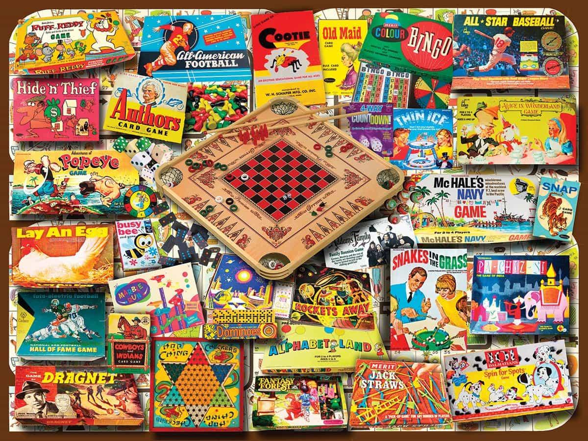 Vintage classic board games collage, featuring colorful boxes and a wooden game board.