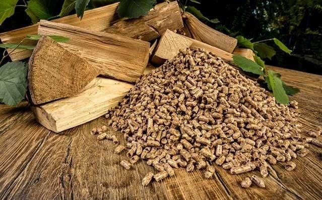 Wood pellets and firewood logs on rustic wooden surface with green leaves