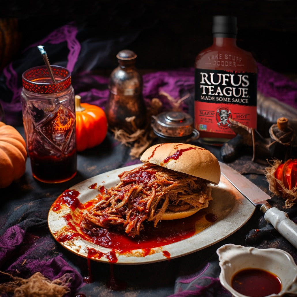 Rufus Teague Kansas City BBQ sauces and rubs displayed beside smoked ribs and grilled meat