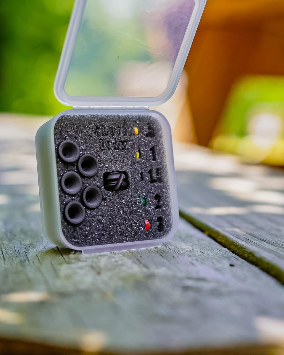 Earbud tips set in foam case on wooden table outdoors, replacement ear tips accessories