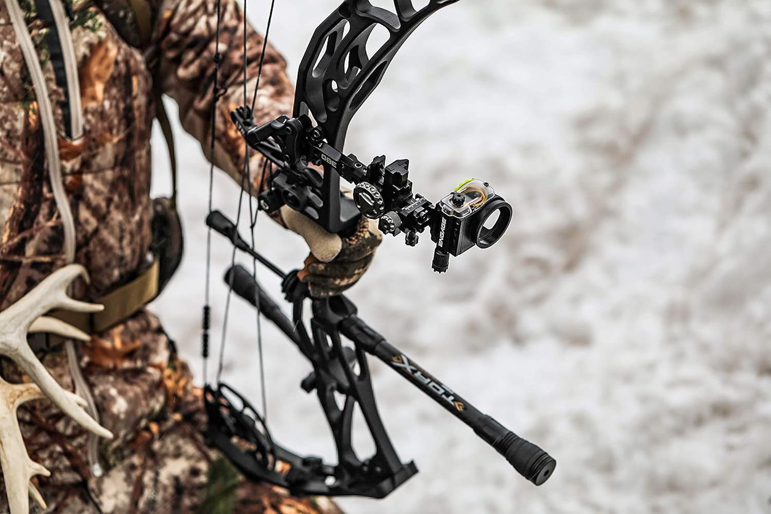 CBE Archery bow sight and Torx stabilizer mounted on a compound bow