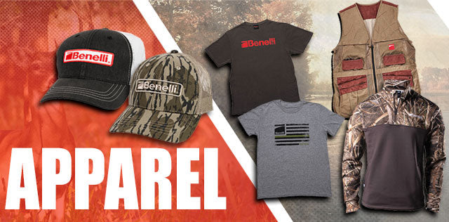 Benelli branded hats and apparel for hunters and shooting sports enthusiasts