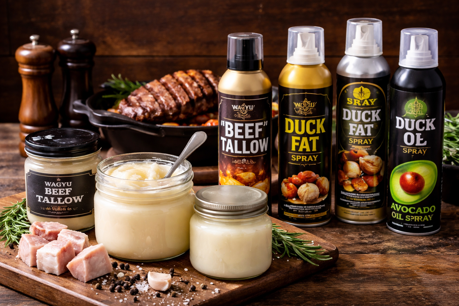 Beef tallow and cooking sprays on wooden table with steak and grilling ingredients