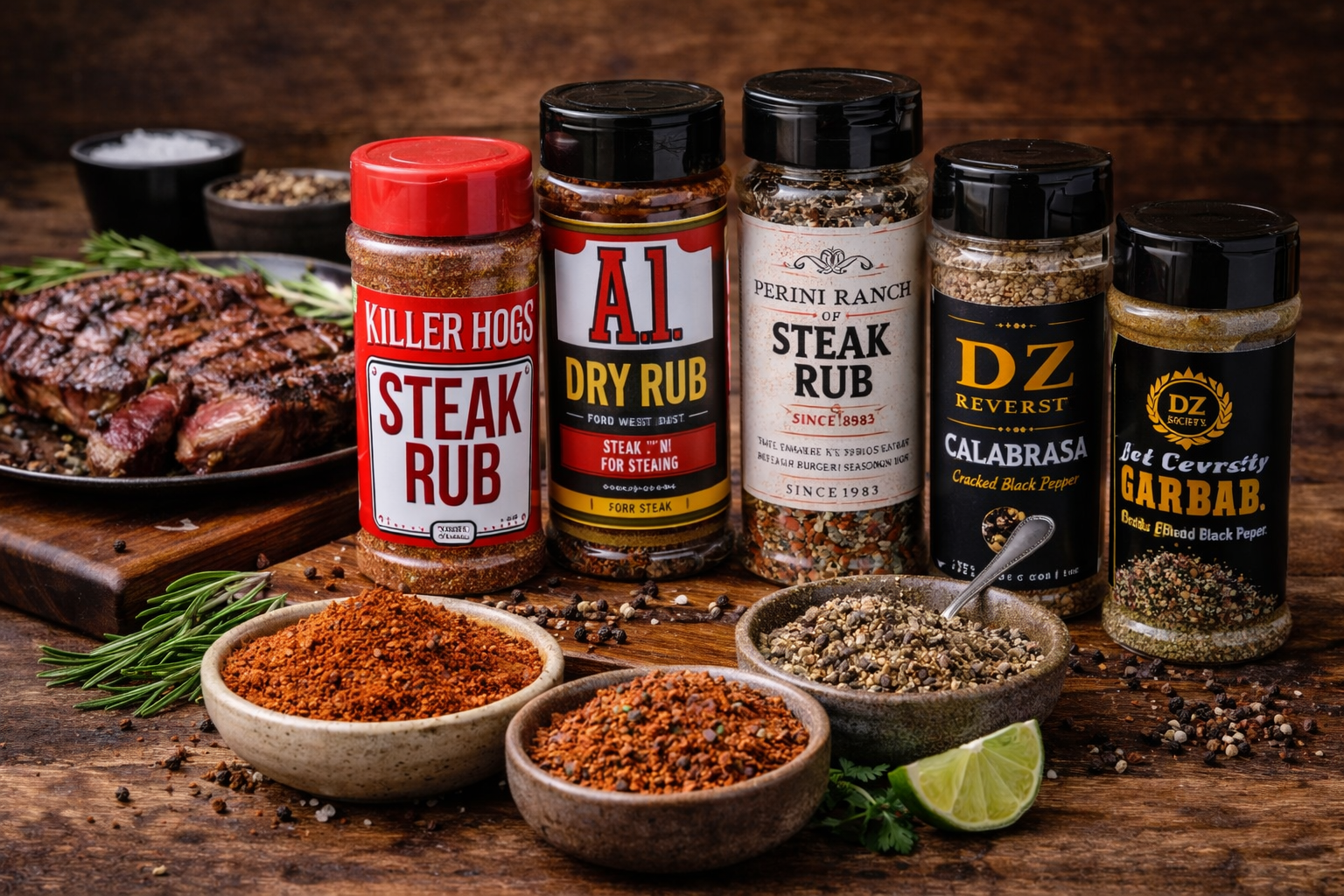 Steak and burger seasonings with grilled beef and spices for BBQ cooking