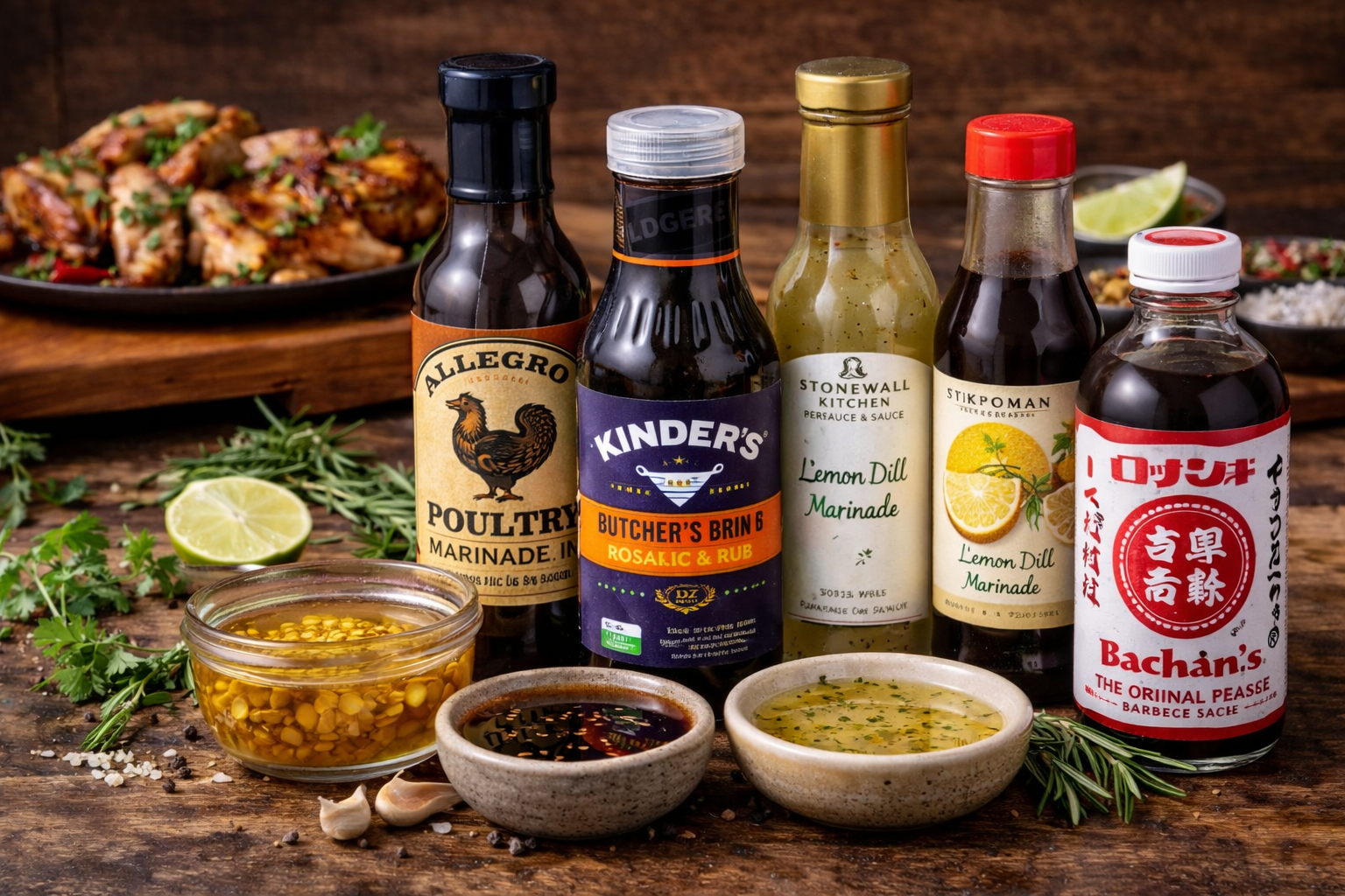 Marinades, brines and cooking sauces with grilled chicken and ingredients for cooking