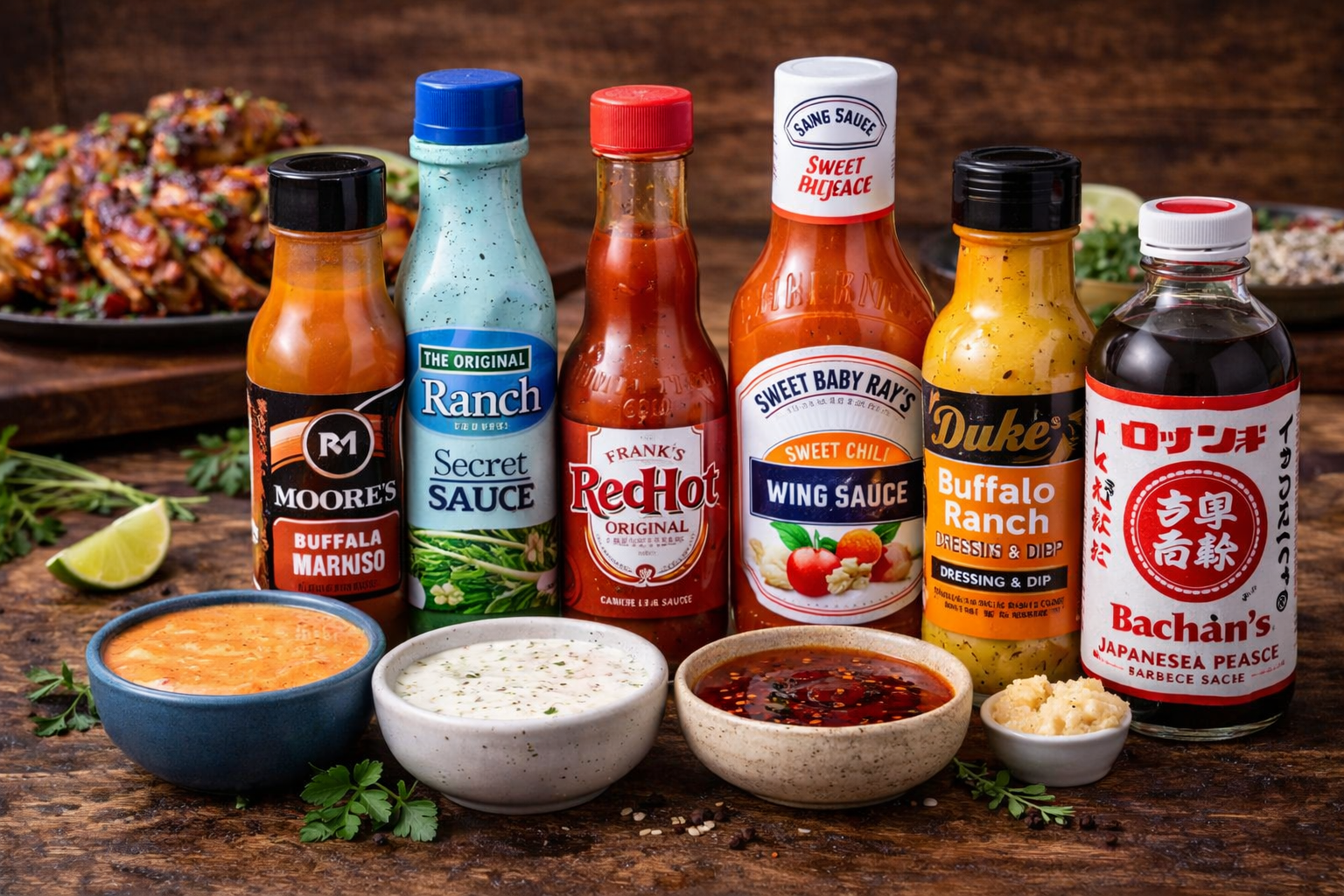 Wing dipping sauces with chicken wings and variety of creamy and spicy sauces