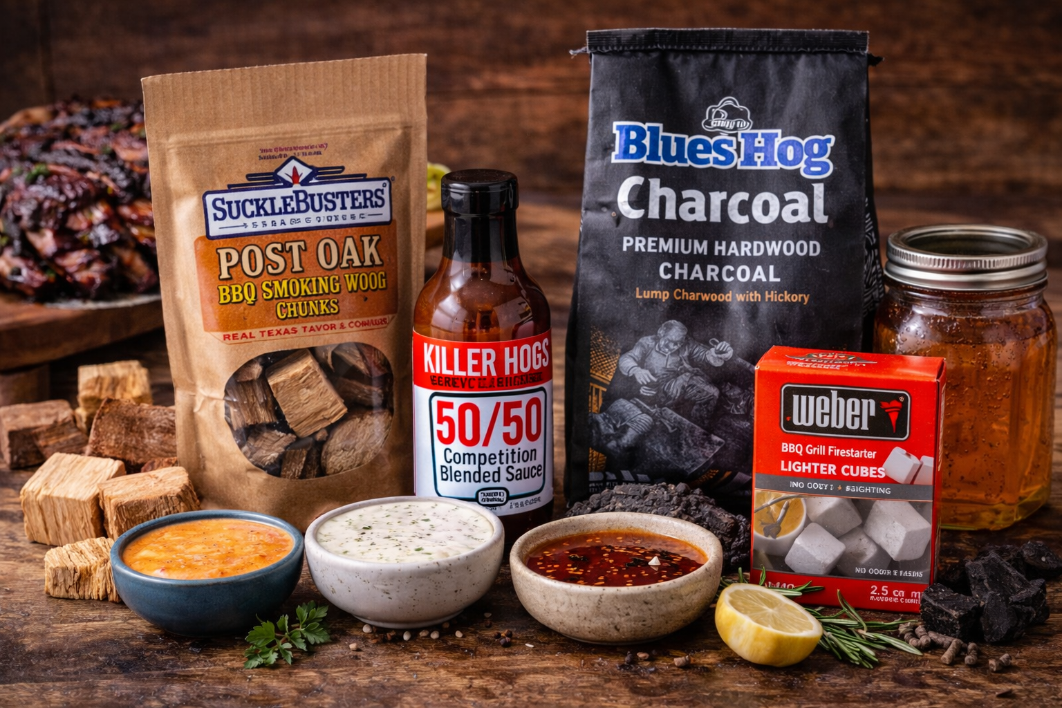 BBQ supplies including charcoal wood sauces and seasonings for grilling and smoking