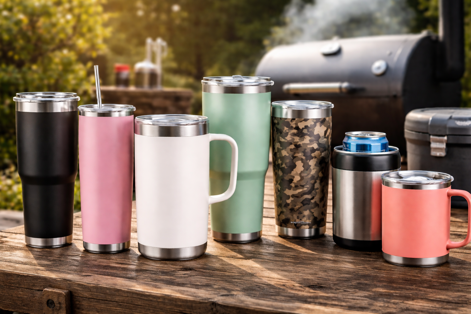 Insulated tumblers and drinkware on outdoor table with grill for BBQ and outdoor use