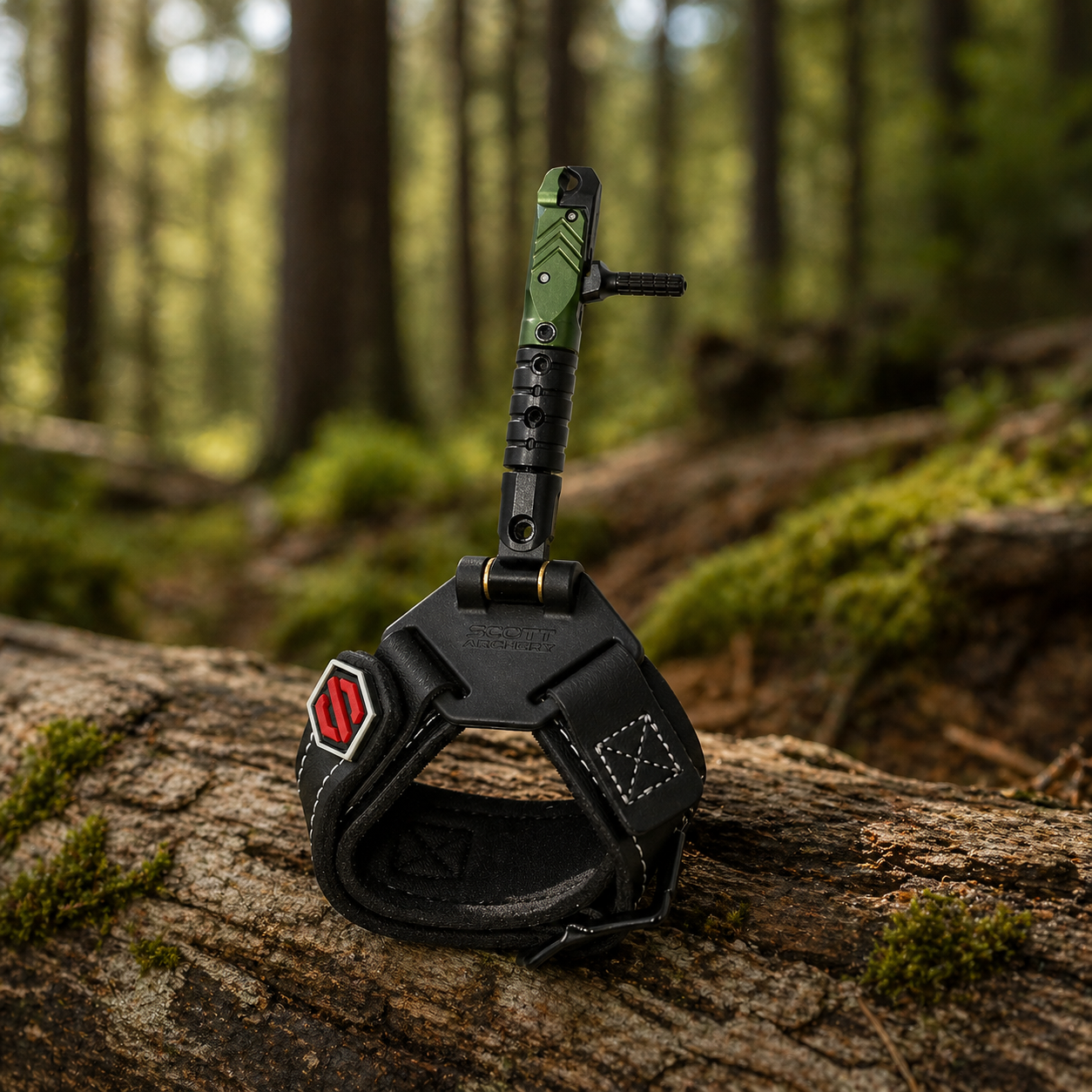 Close-up of an archer using a handheld release aid to draw a bow for bowhunting