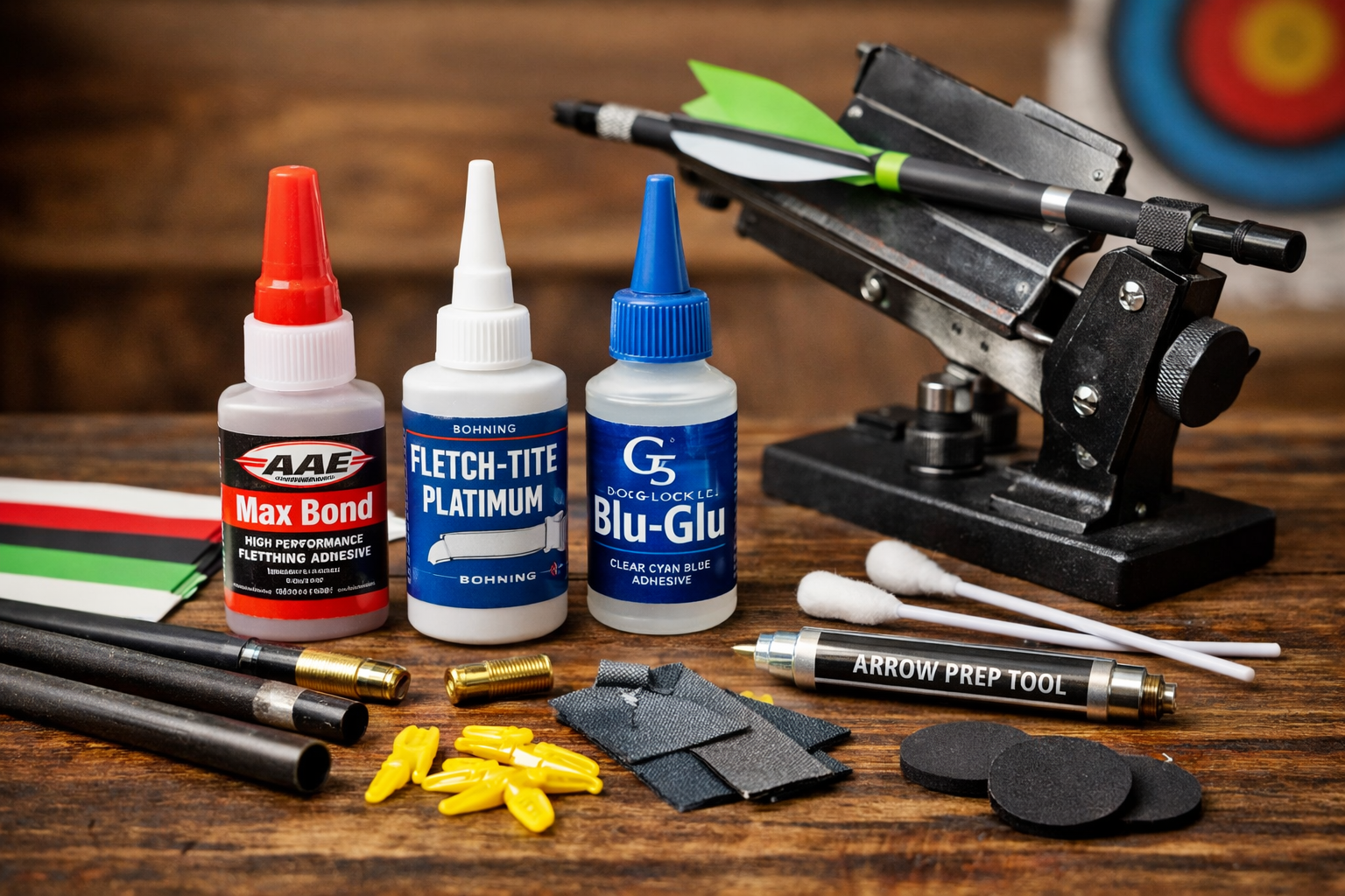 Arrow prep and adhesive products including fletching glue and arrow building supplies