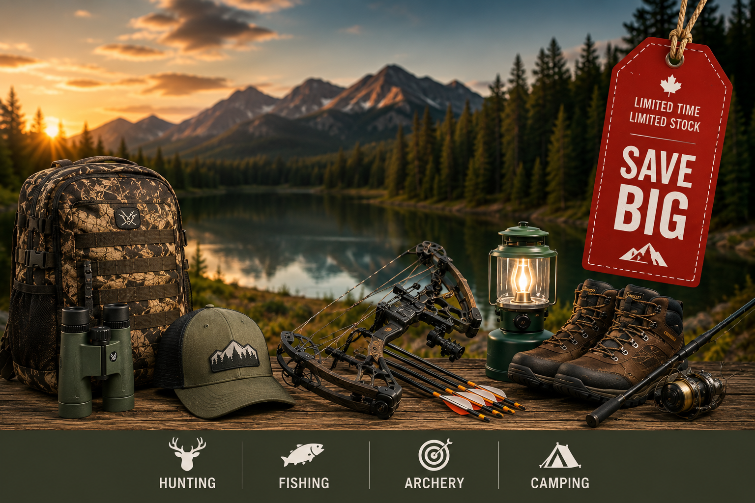 Discounted outdoor gear including hunting, archery, fishing, and camping equipment on sale at Leapfrog Outdoor