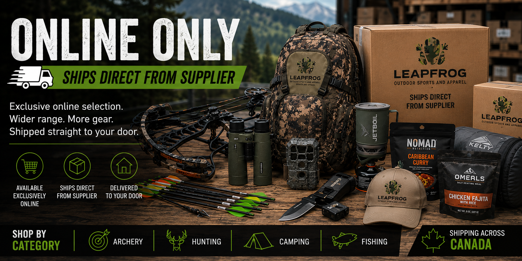 Online-only hunting, archery, camping, and fishing gear shipped directly from suppliers, featuring outdoor equipment, shipping boxes, and Leapfrog Outdoor branding.