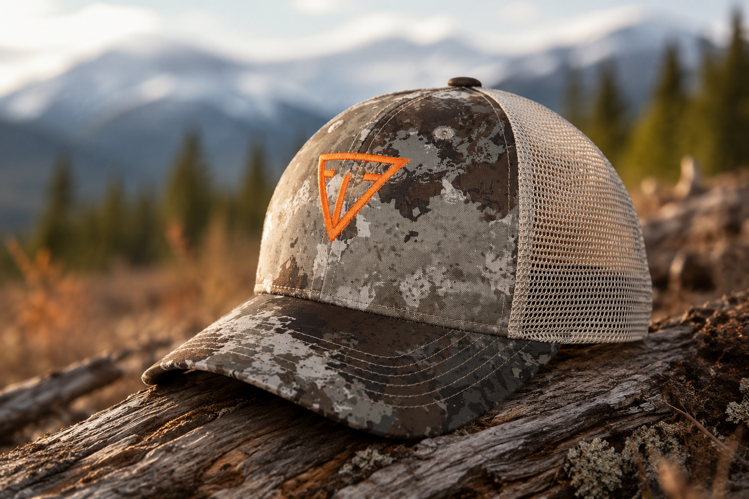 Tikka trucker hats in hunting camouflage and blaze orange colours for hunters and shooting sports enthusiasts