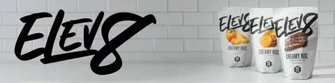 ELEV8 creamy rice products in white packages against a white tile background