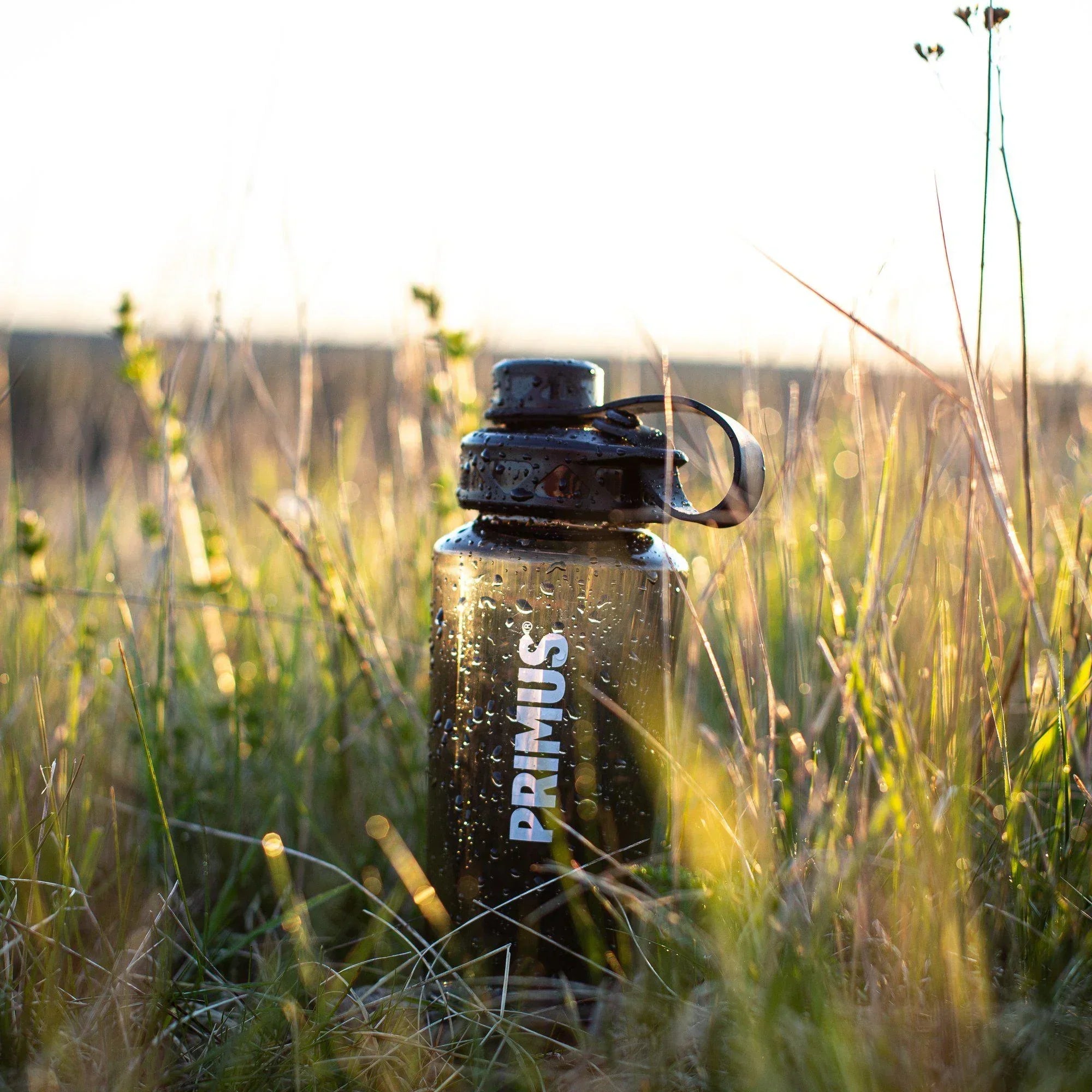 Primus water bottle with condensation in tall grass outdoors at sunrise