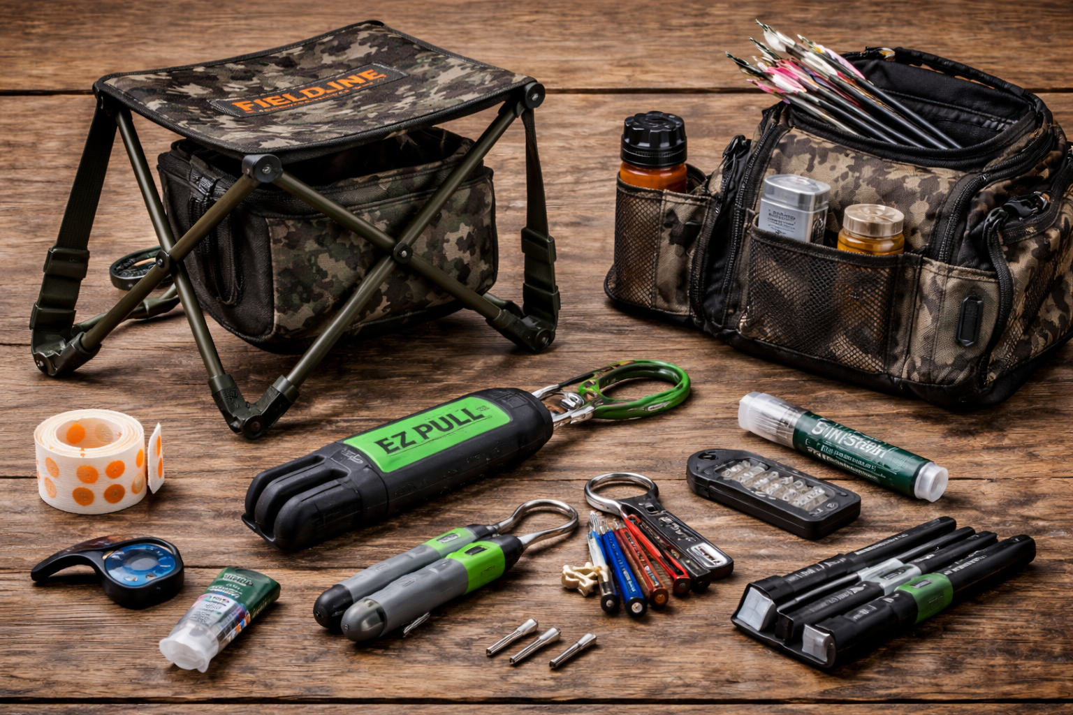 Assortment of archery accessories including gear, tools, parts, and aids