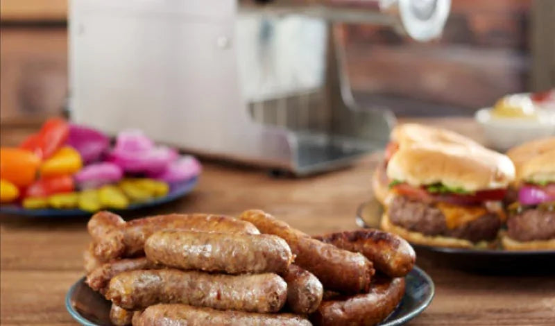 Grilled sausage links on plate, burgers and vegetables in background, butcher tools visible