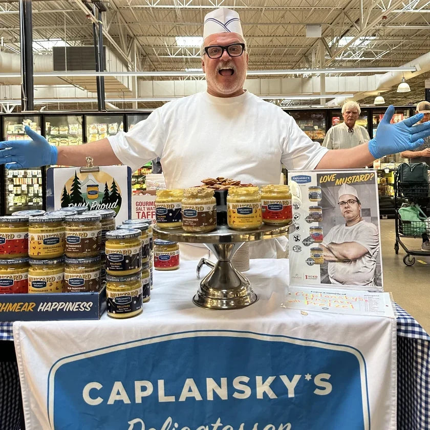 Caplansky's Deli gourmet mustard jars for sandwiches, sausages, BBQ, charcuterie, and outdoor cooking