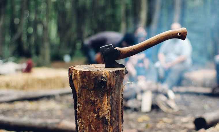 Axe embedded in a tree stump at a campsite in the forest with people in the background