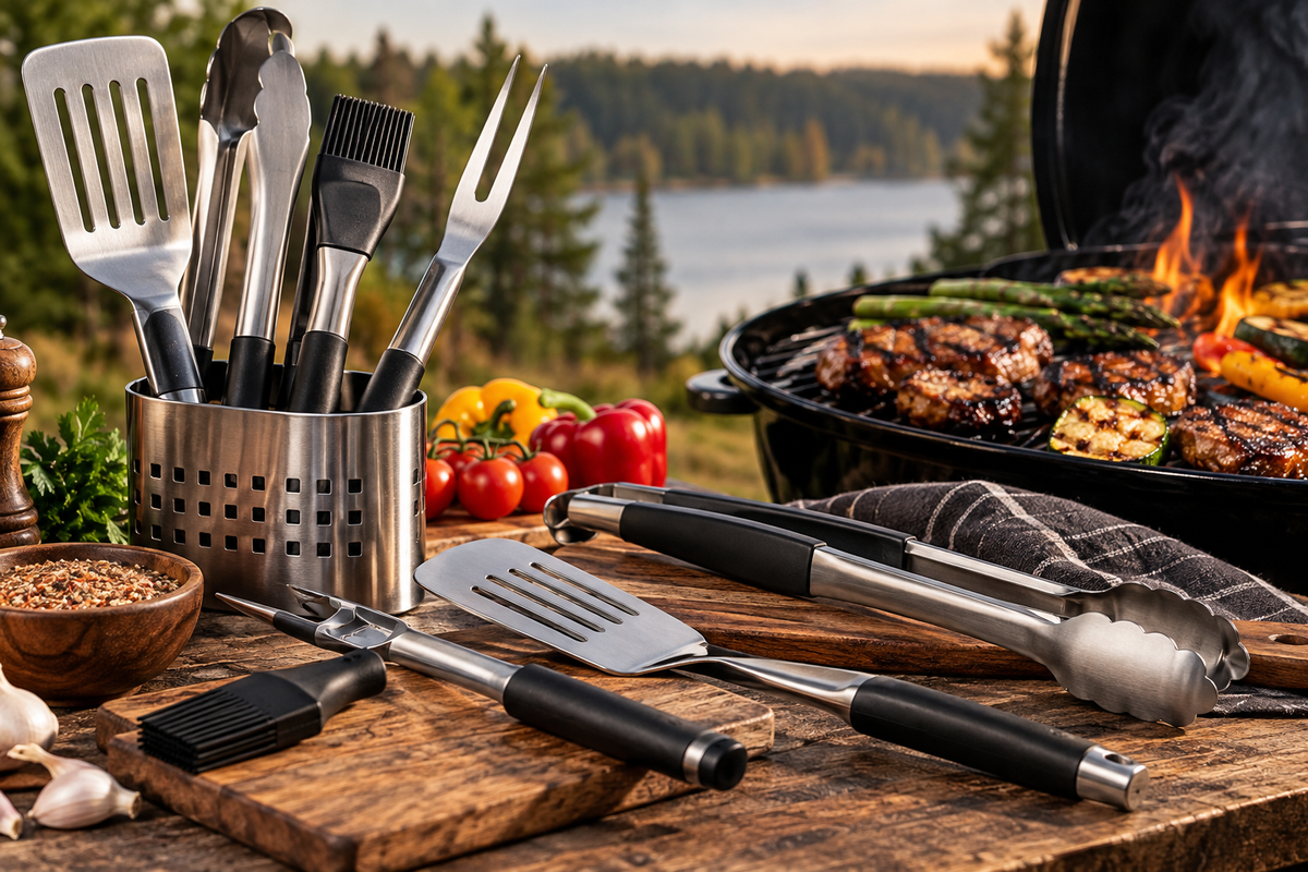 BBQ grill tools and utensils including grilling tongs, spatulas, turners and brushes for outdoor cooking
