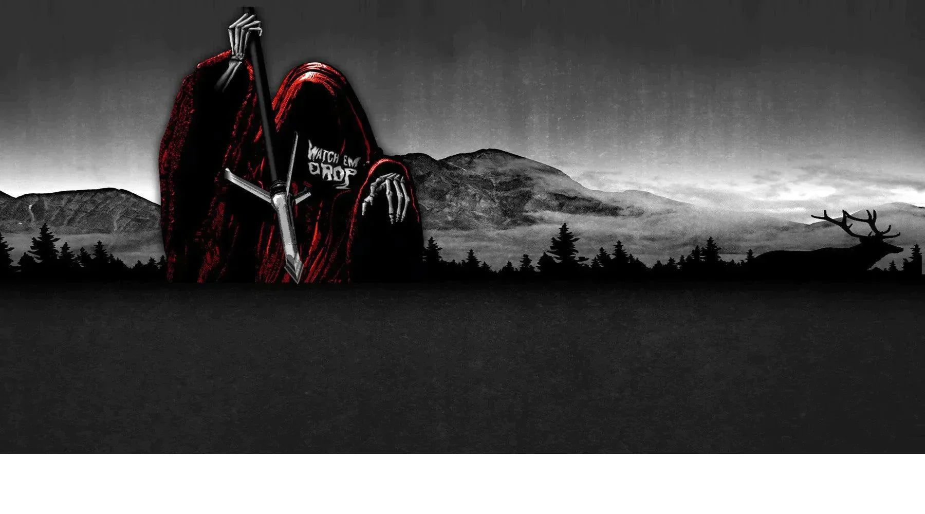 Grim reaper in red cloak holding archery broadhead, mountain and elk silhouette background.