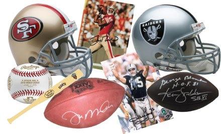 San Francisco 49ers and Raiders helmets, signed football, baseball, bat, and sports cards