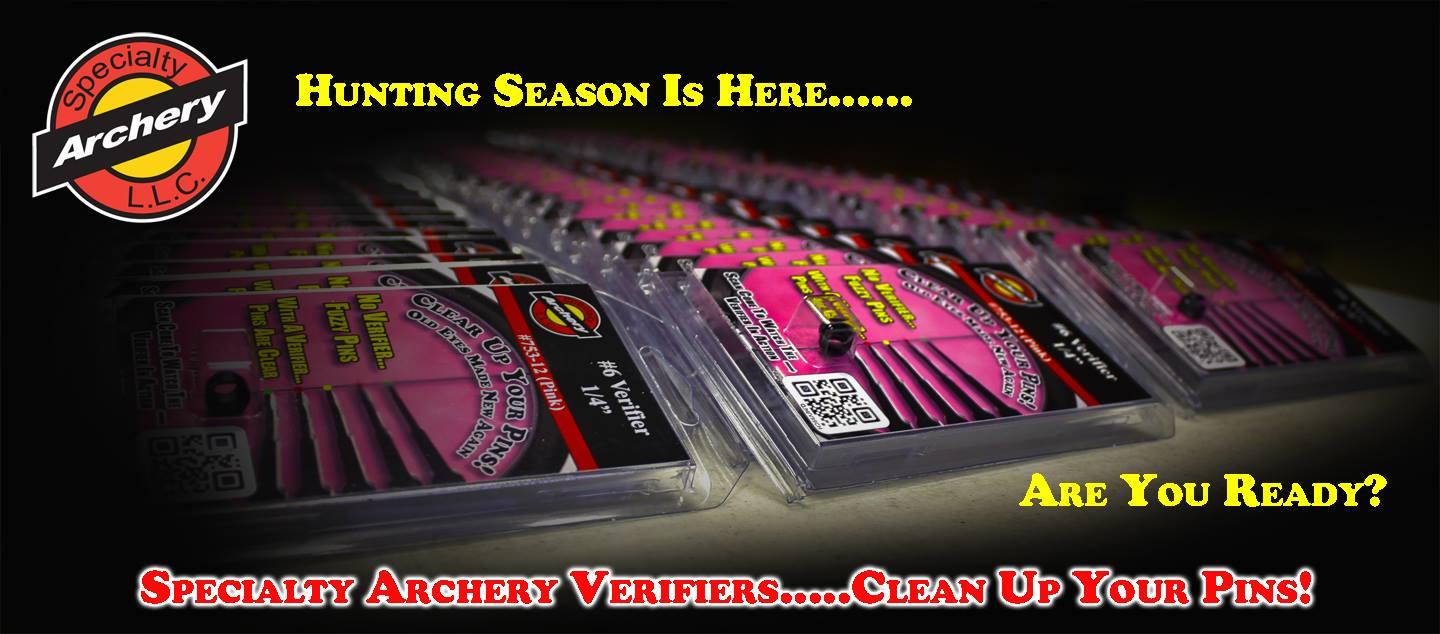Specialty Archery verifiers in retail packaging with bold hunting season promotional text.