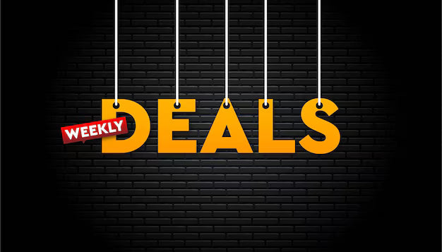 Weekly deals banner with bold yellow text hanging against a black brick wall background