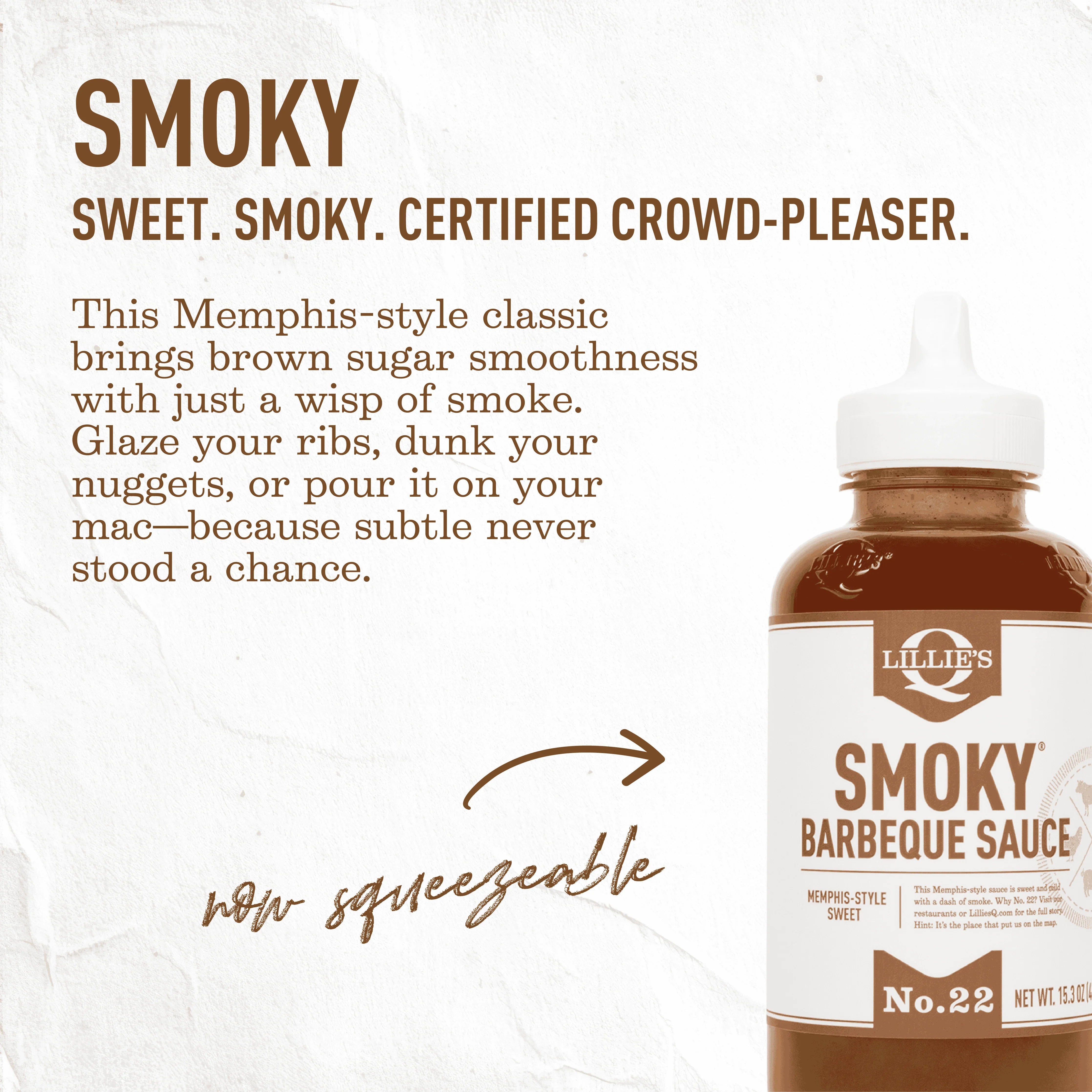 Lillie's Q Smoky Barbeque Sauce bottle with Memphis-style sweet flavor and brown sugar notes
