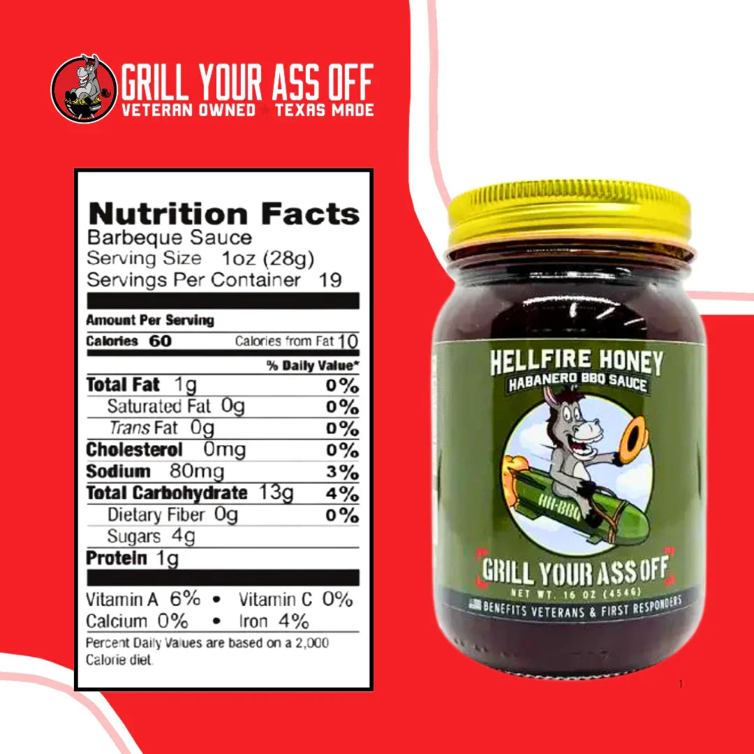 Hellfire Honey habanero BBQ sauce jar with nutrition facts, spicy barbecue condiment