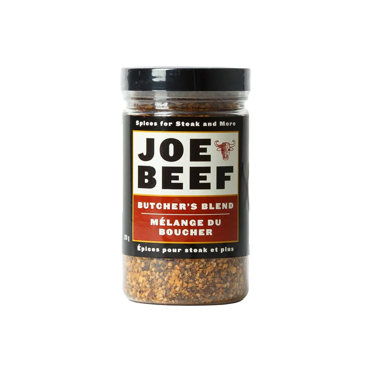 Joe Beef Butcher's Blend spice jar for steak and grilling, 200g, front label view