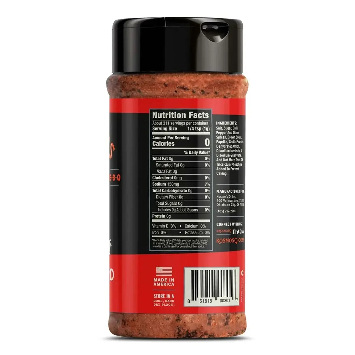 Back of a BBQ seasoning spice bottle showing nutrition facts and ingredients list.