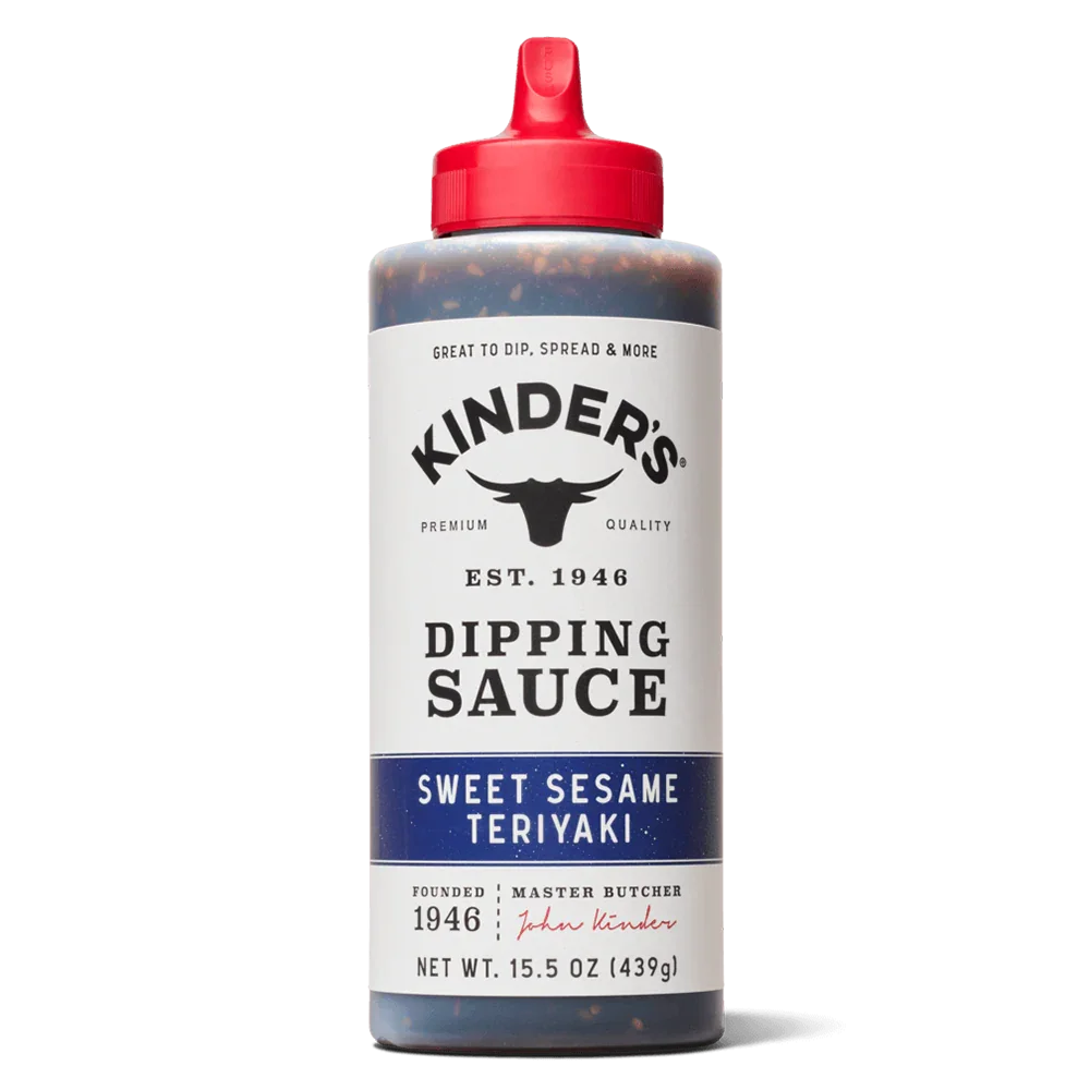 Kinder's Sweet Sesame Teriyaki dipping sauce bottle with red cap, 15.5 oz