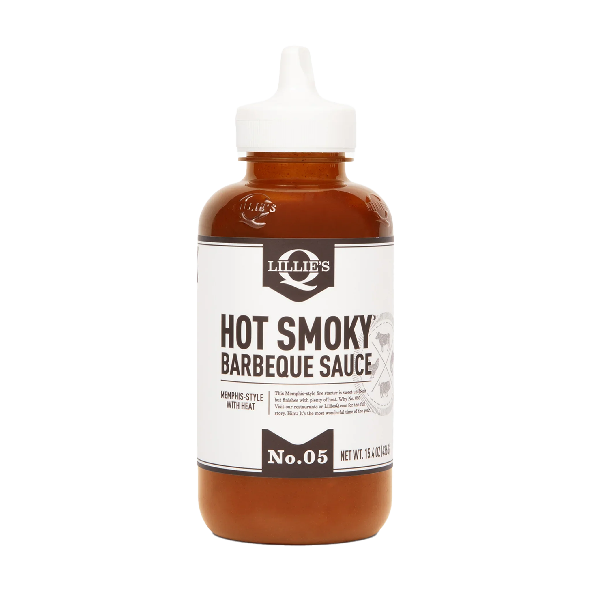 Lillie's Q Hot Smoky barbeque sauce bottle with white label and squeeze cap
