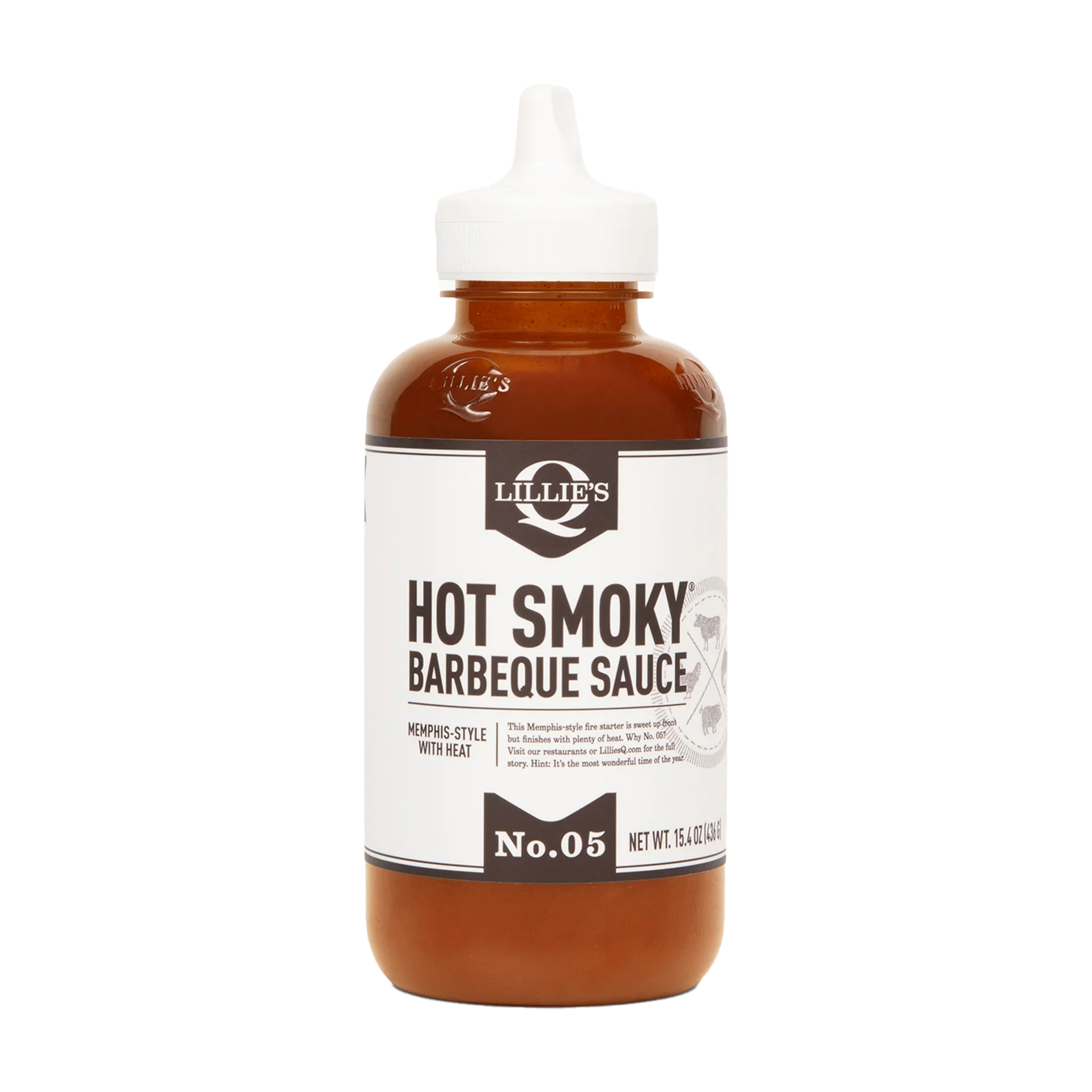 Lillie's Q Hot Smoky barbeque sauce bottle with white label and squeeze cap