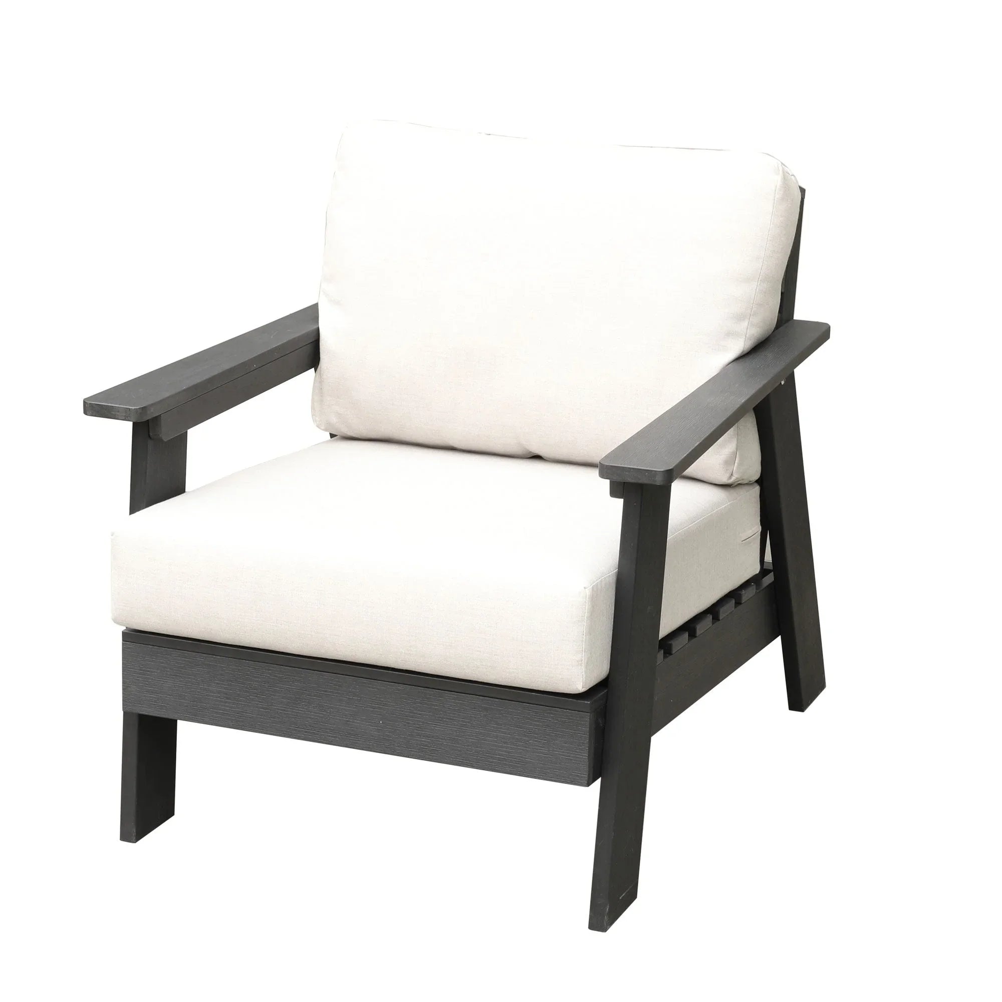 Modern outdoor lounge chair with dark wood frame and white cushions