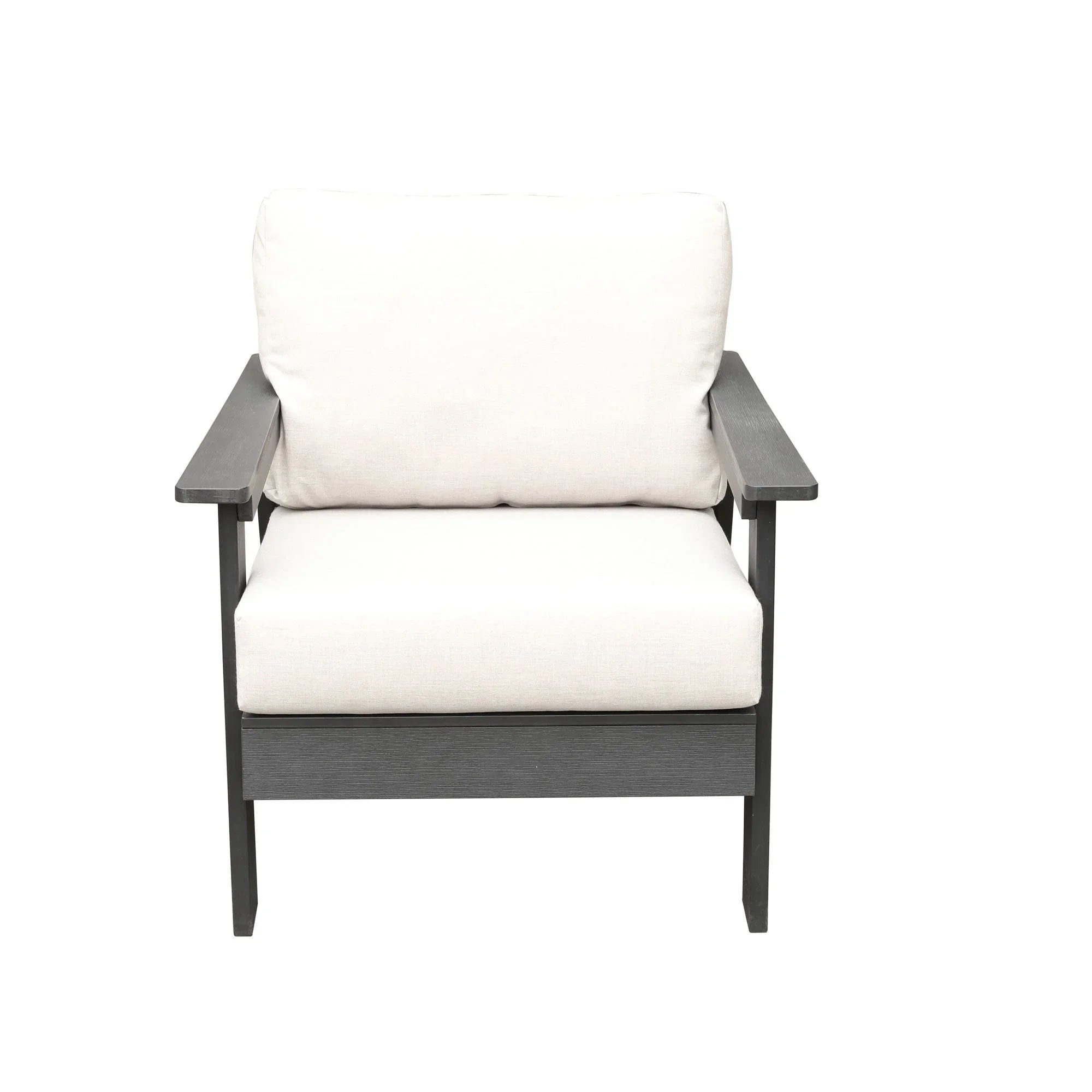 Modern outdoor armchair with white cushions and black metal frame, front view