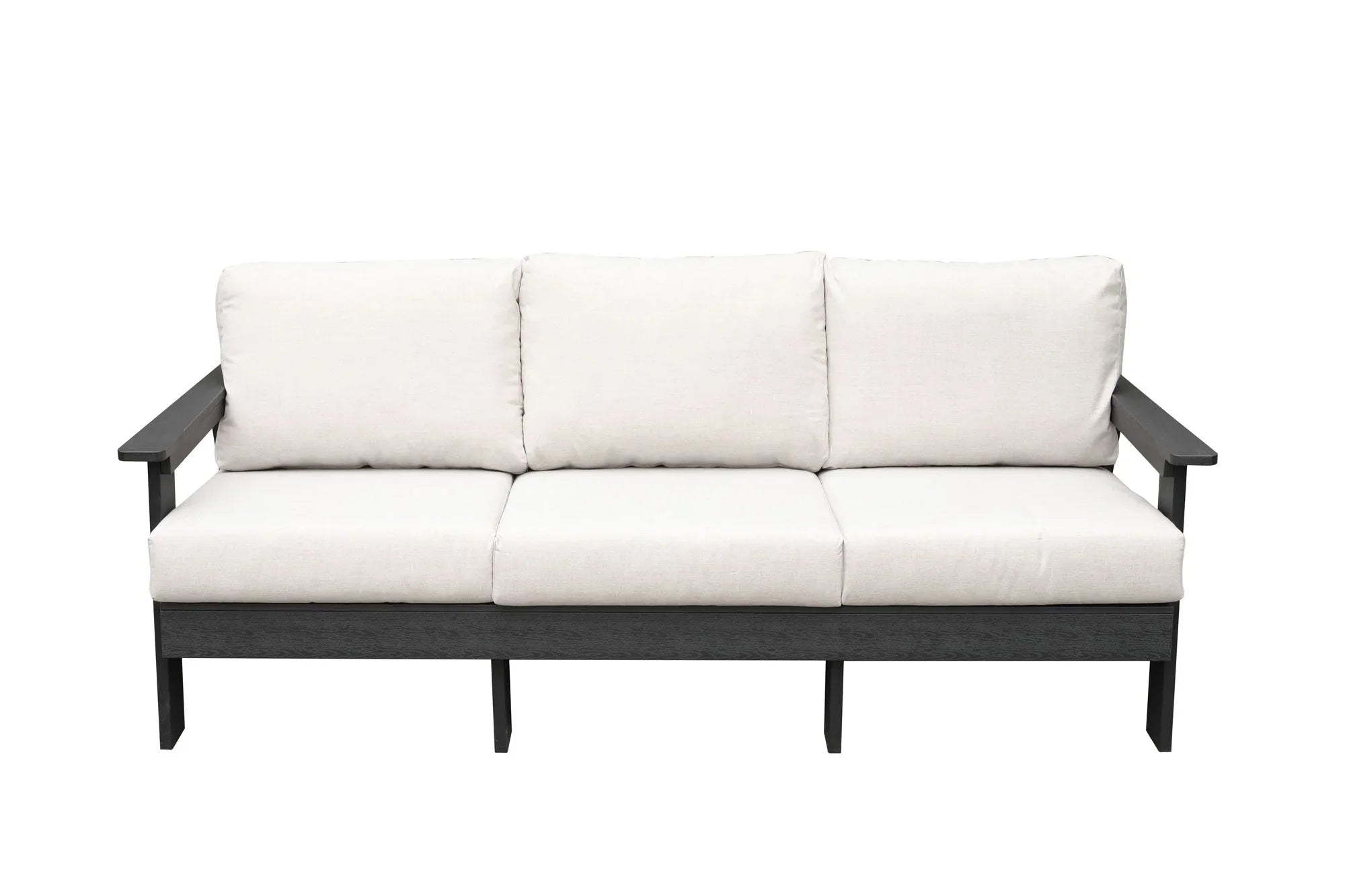 Modern outdoor sofa with black frame and white cushions, three-seater patio furniture.