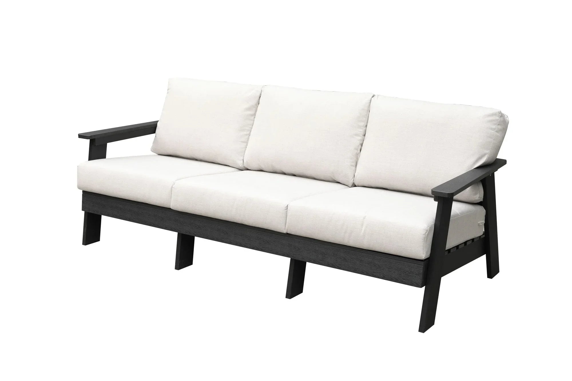Outdoor sofa with black wooden frame and white cushions, patio furniture
