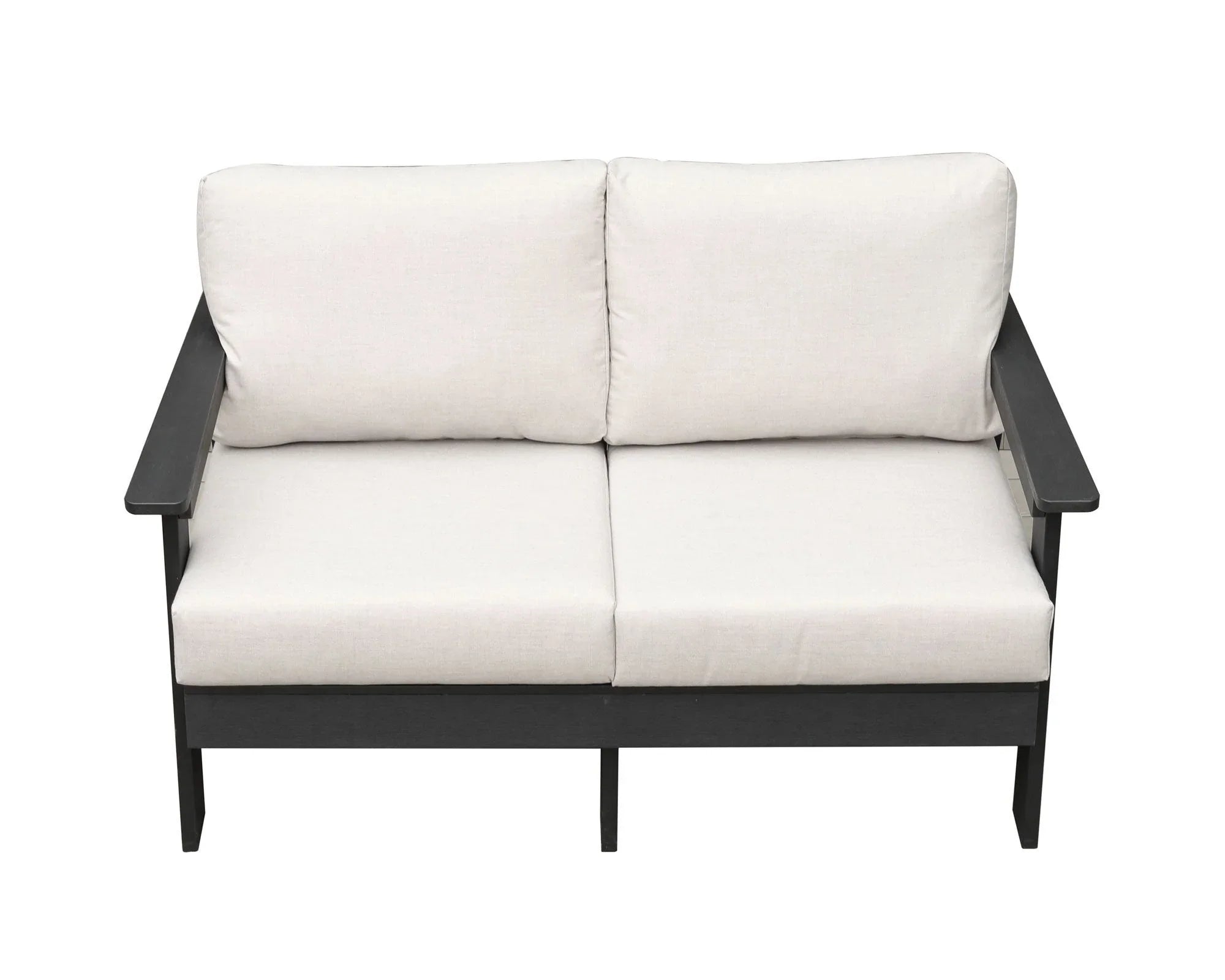 Modern outdoor loveseat with white cushions and black metal frame, patio furniture