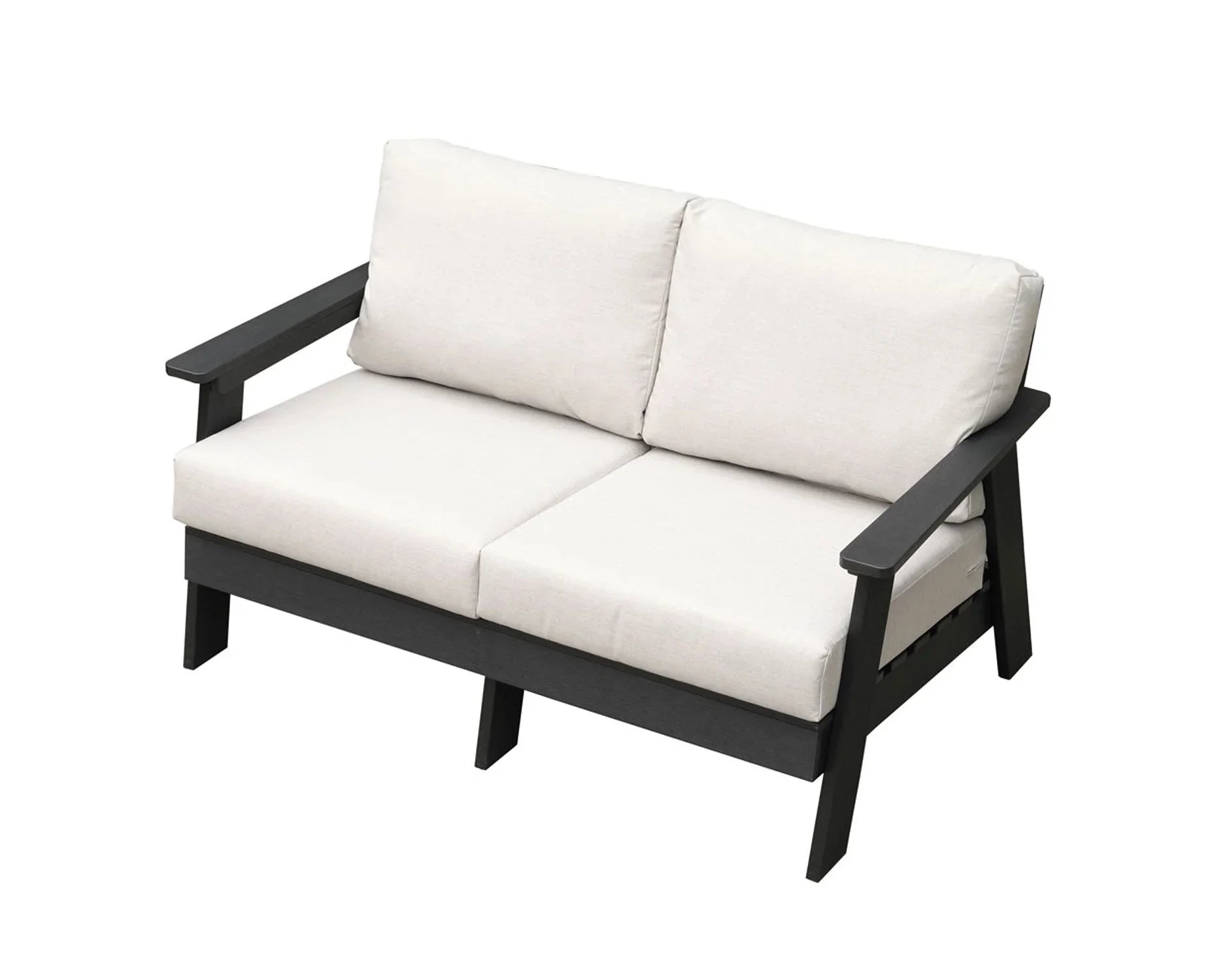 Outdoor loveseat with black frame and white cushions, modern patio seating