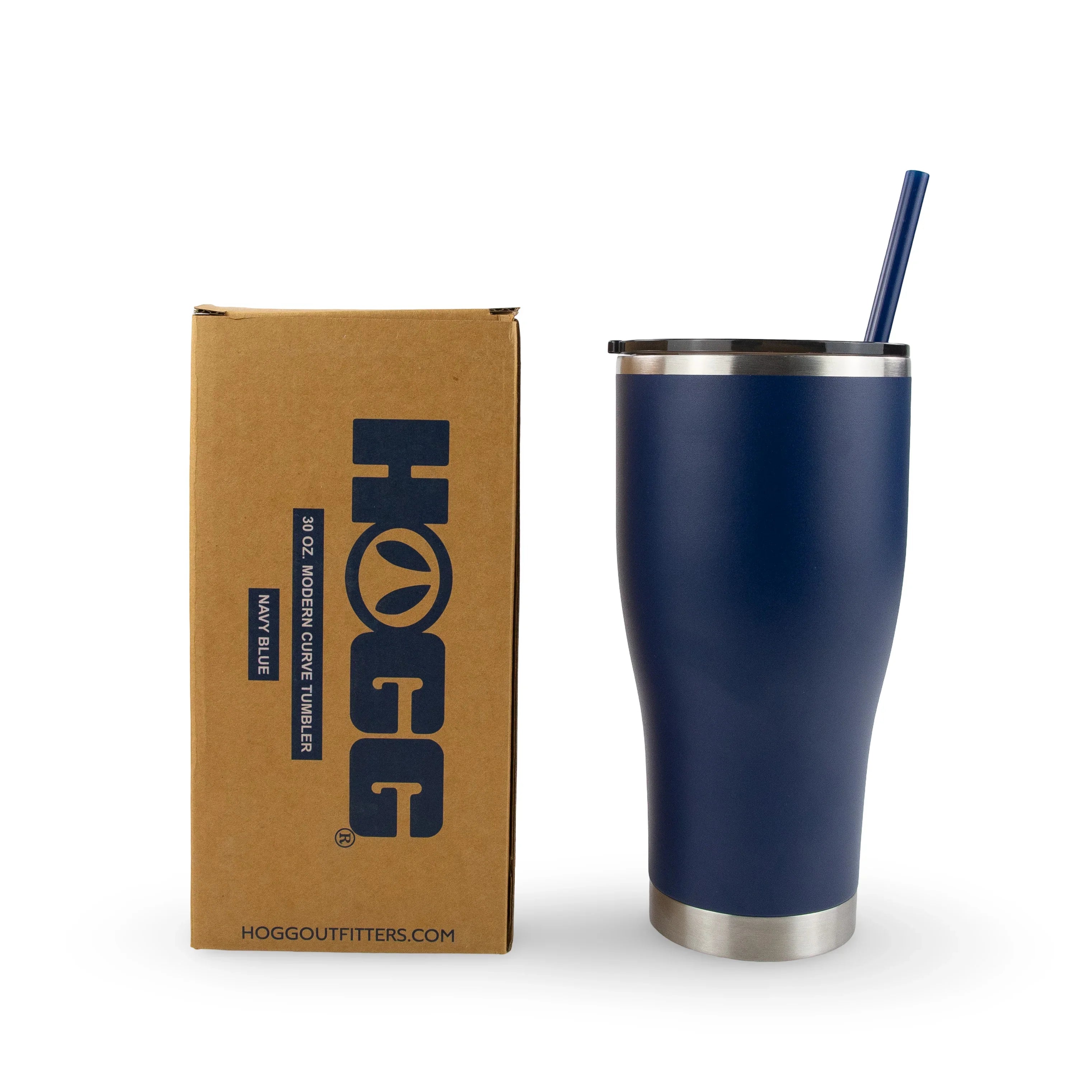 Navy blue stainless steel tumbler with straw next to product box labeled 30 oz modern curve.