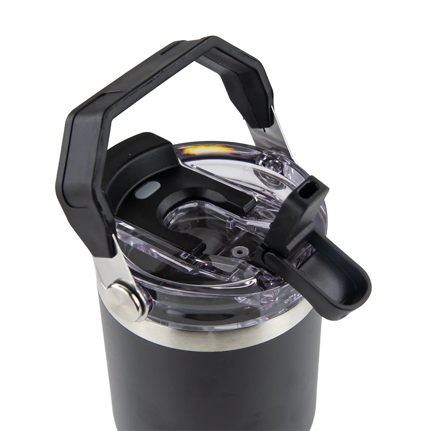 Black insulated travel mug with clear flip-top lid and sturdy carrying handle, ideal for camping