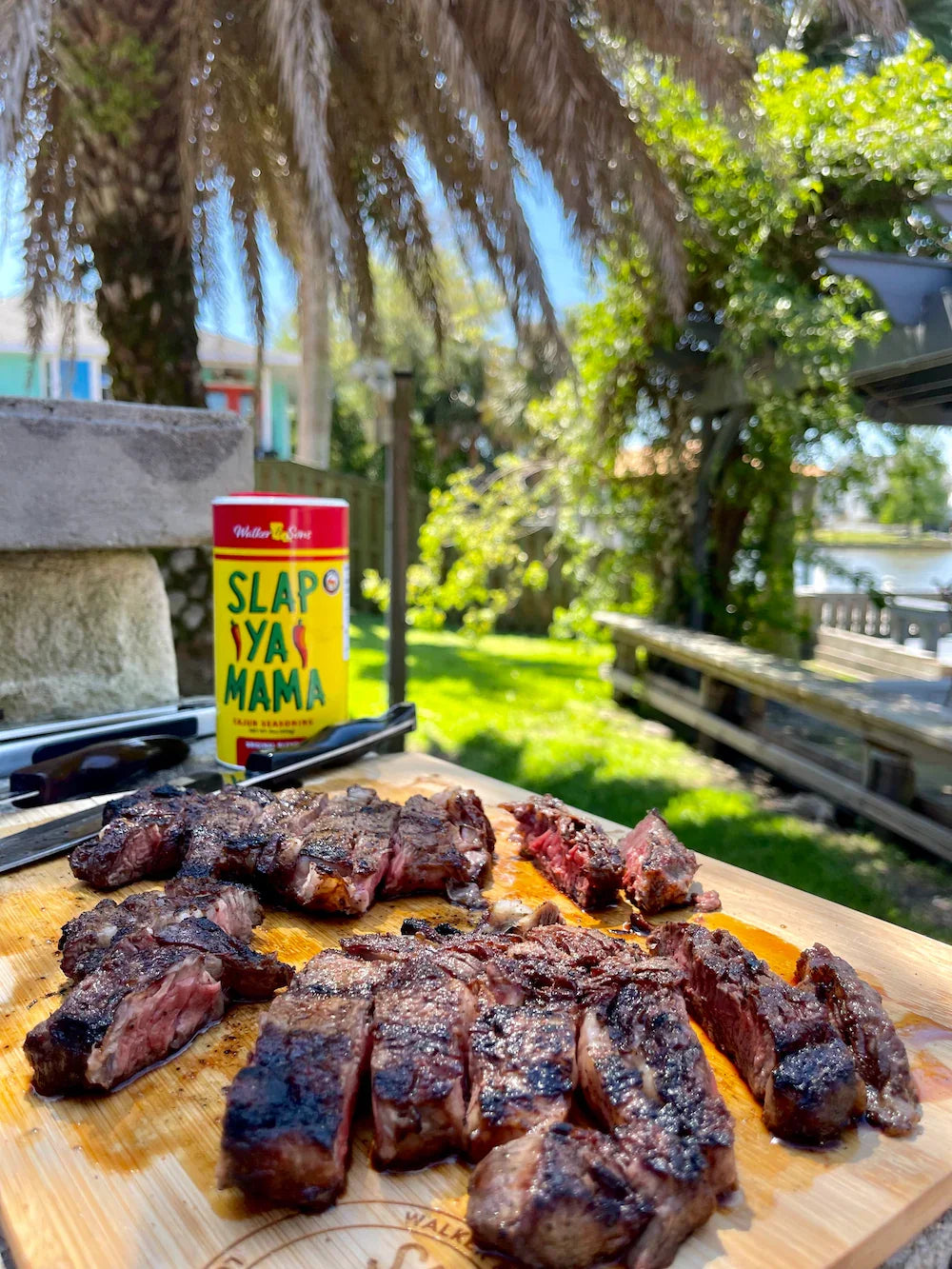 Grilled sliced steak on a cutting board outdoors with spice seasoning and palm trees in background