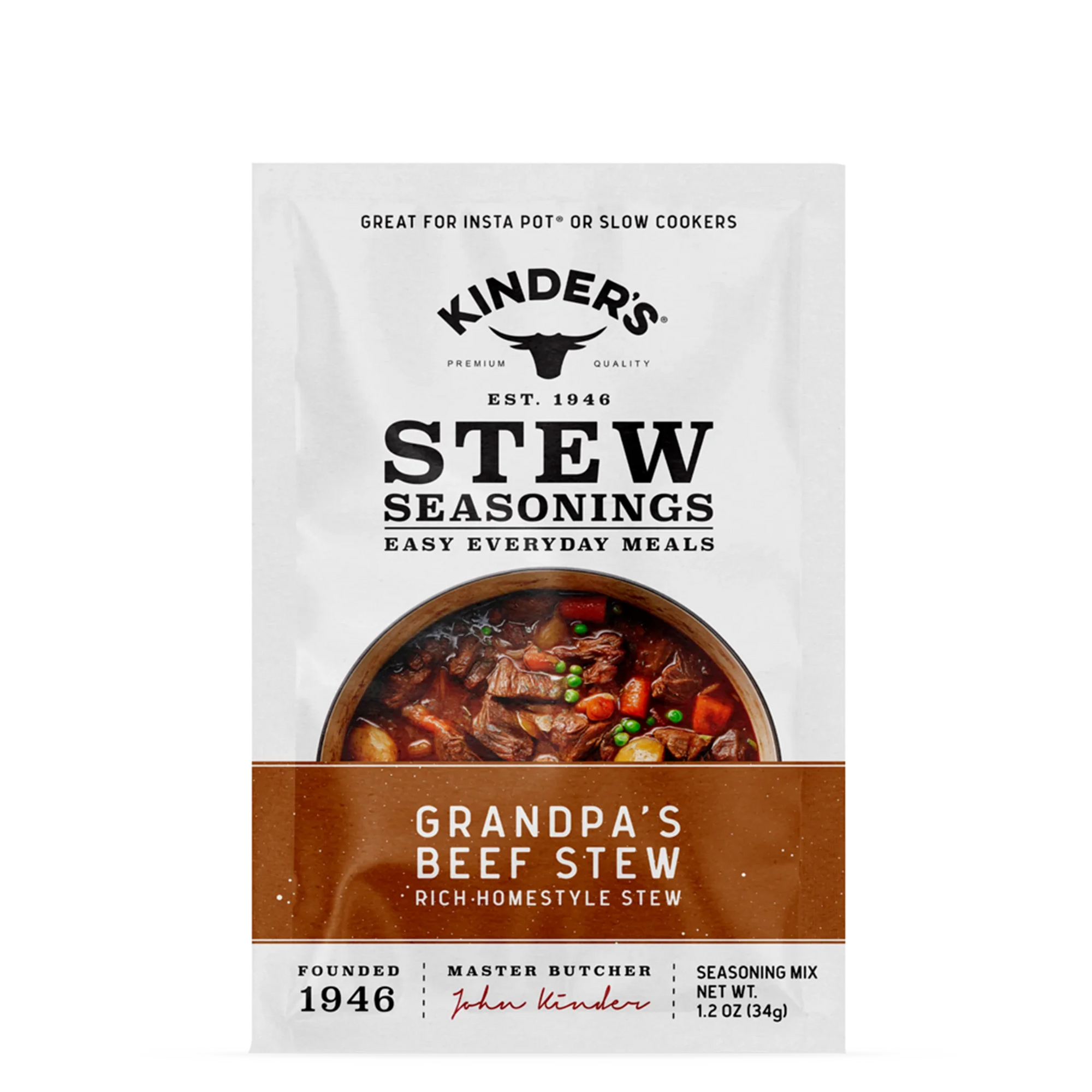 Kinder's stew seasonings packet for Grandpa’s beef stew with hearty beef and vegetables.