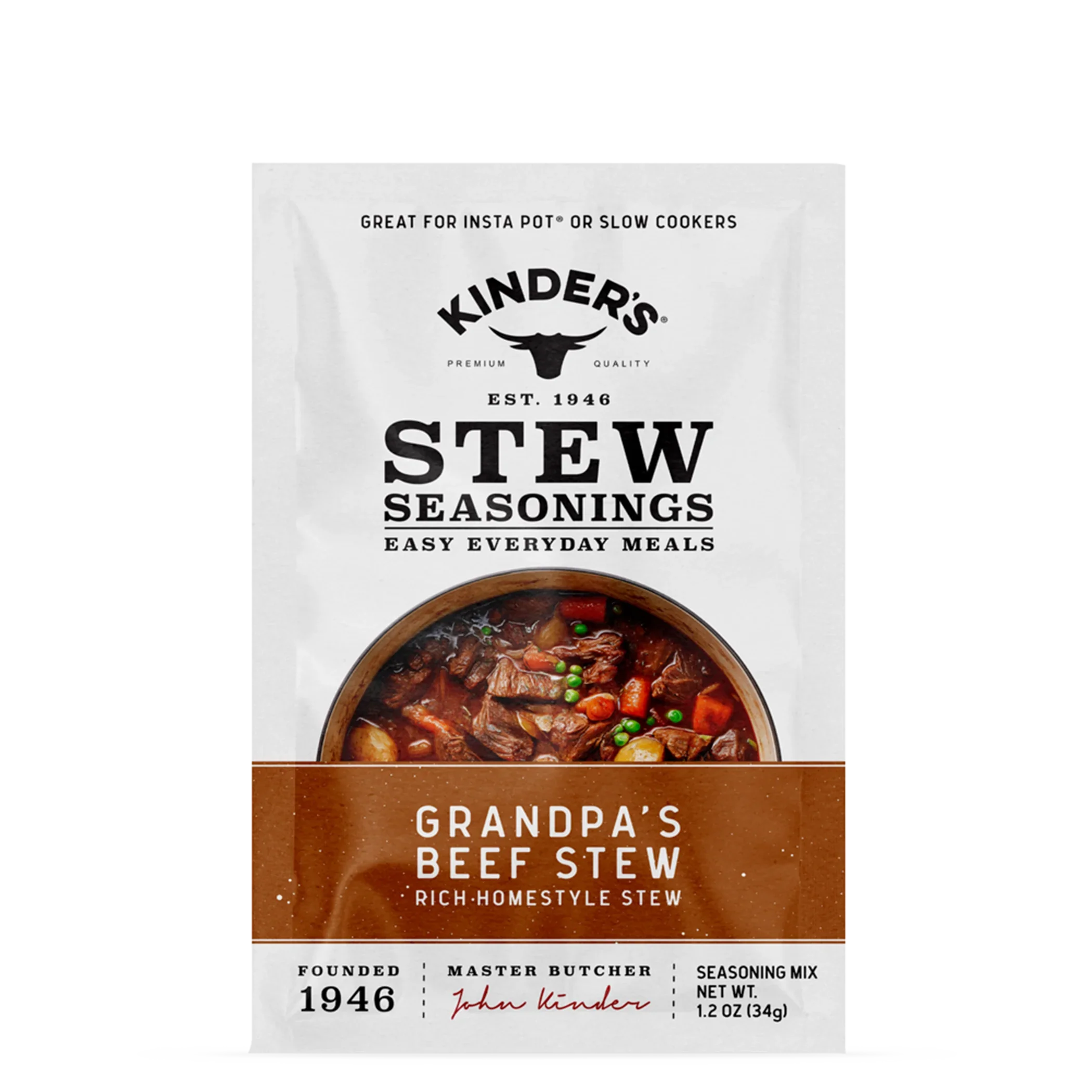 Kinder's stew seasonings packet for Grandpa’s beef stew with hearty beef and vegetables.