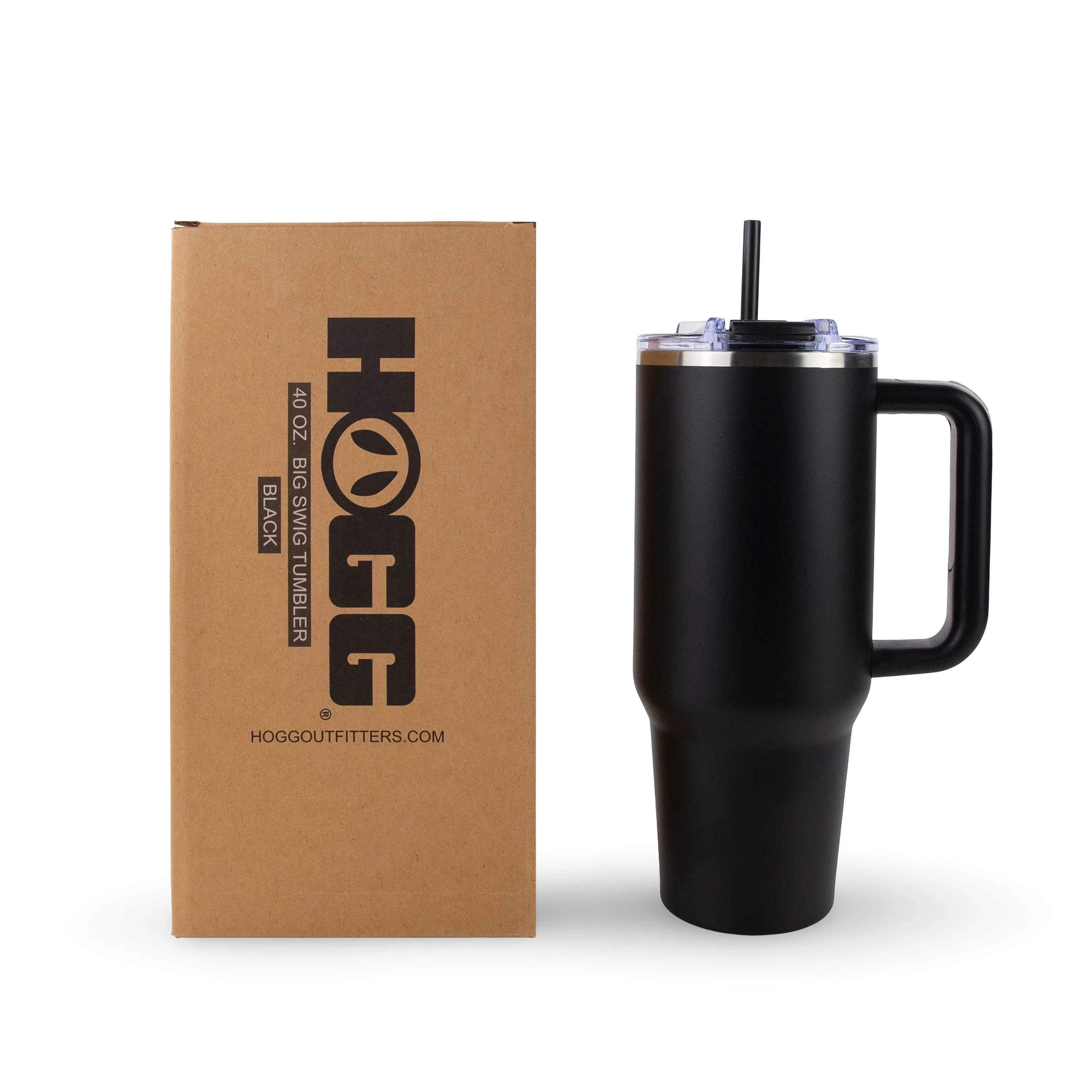 Black 40oz insulated tumbler with handle and straw next to branded packaging box