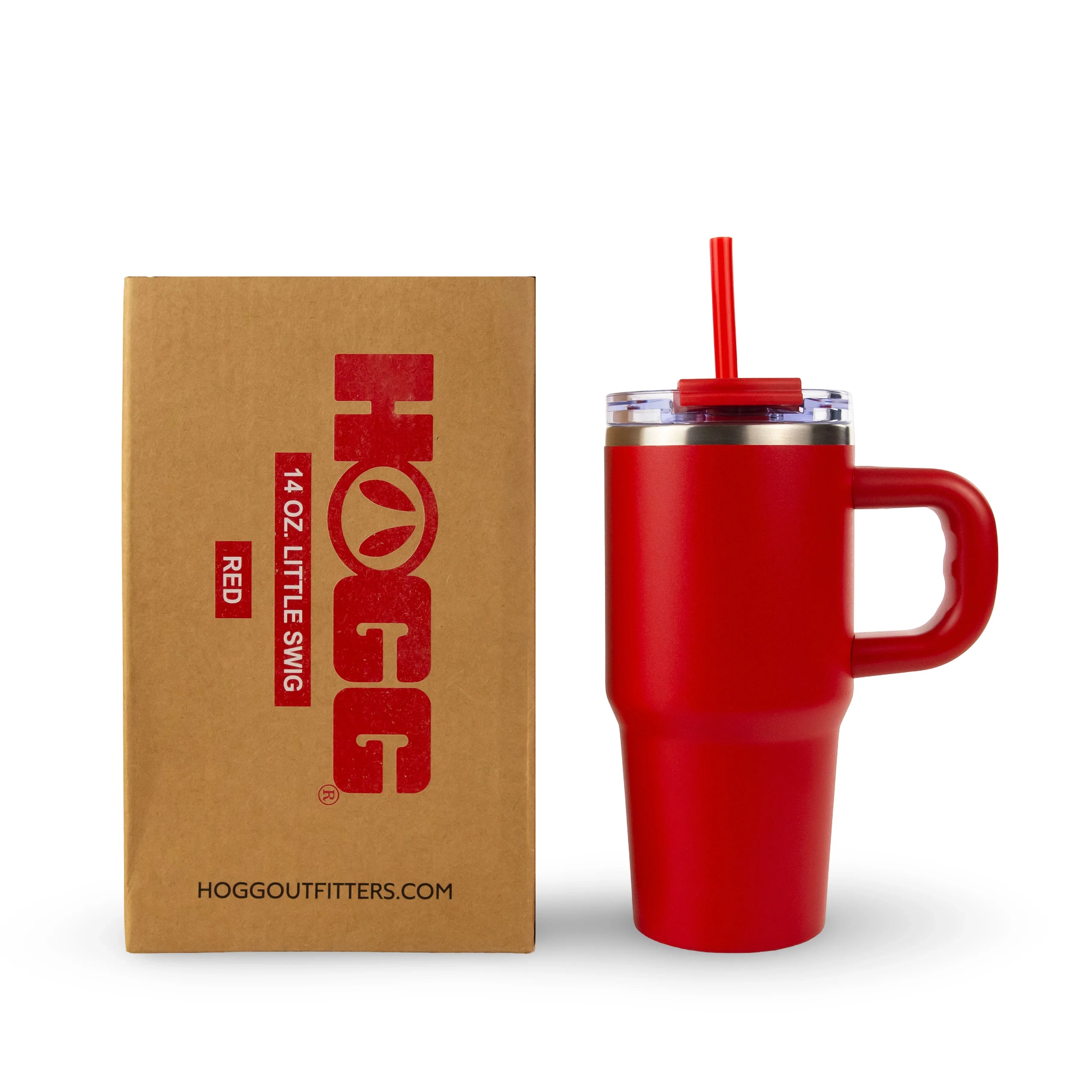 Red insulated travel mug with handle and straw beside branded packaging, 14oz size